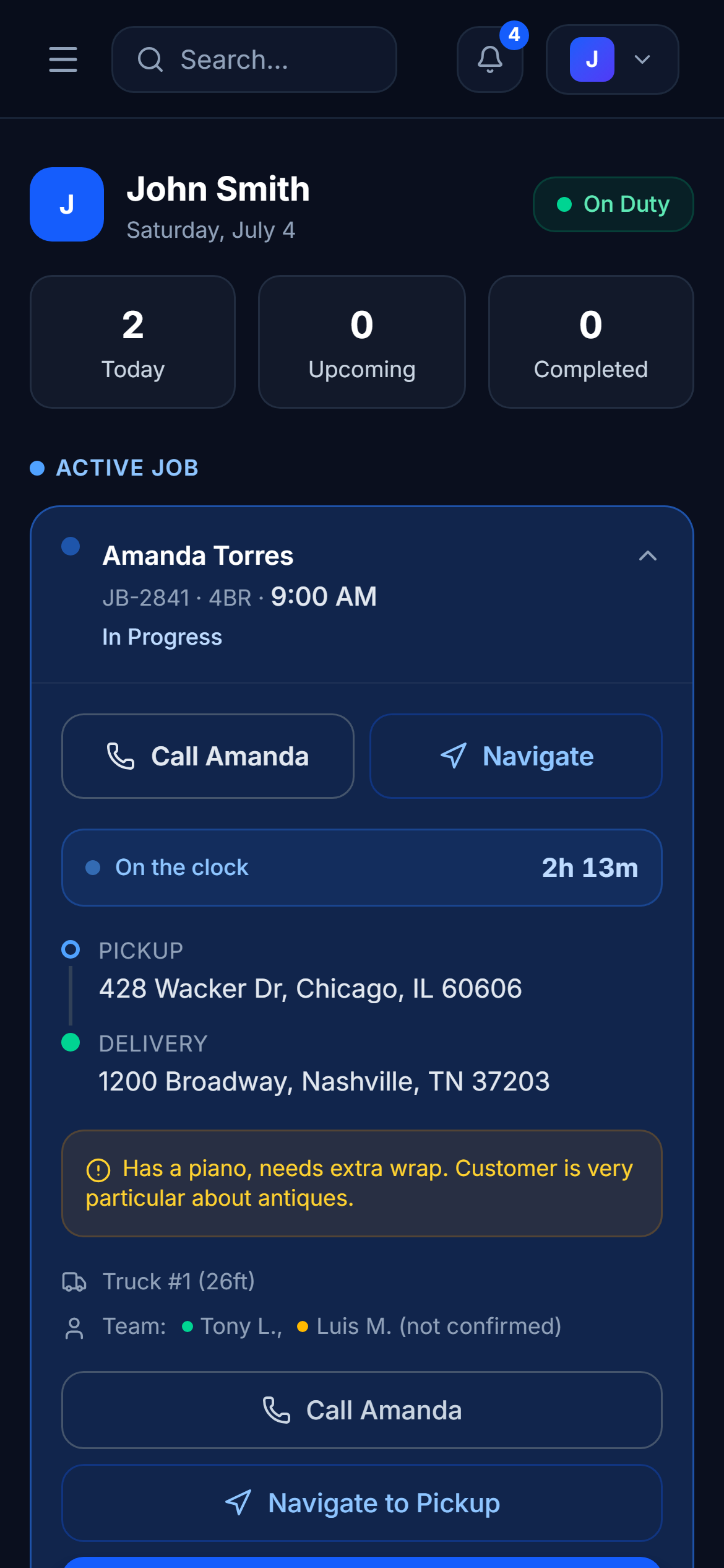 MoveCortex crew app showing an active job with call, navigate, and on-the-clock timer